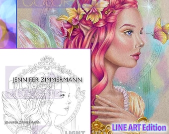 Aurae Fae, ninfa, hada, arte lineal, página para colorear, retrato, día de San Valentín, imprimible, instantáneo, descarga digital, PDF, jennifer zimmermann
