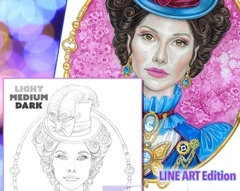 Lady Turkington, Jennifer Zimmermann, steampunk, combo de arte lineal, página para colorear, retrato, mujer hermosa, imprimible, descarga digital, PDF