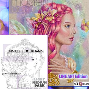 Puede incluir: Una página para colorear de arte lineal con un hada de cabello rosado, flores y una mariposa. El título "JENNIFER ZIMMERMANN" está en la parte superior de la página. Las palabras "LIGHT MEDIUM DARK" están en la parte inferior de la página. Las palabras "LINE ART Edition" están en la parte inferior derecha de la página.