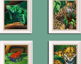 2-Part Series,Rainforest animals,giclée print,jungle theme,animal lovers,jaguar,poison dart frog, iguana,ocelot,tamarin and toucan, green