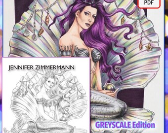 Página única, Mermay, sirenas, trono de venus, escala de grises, concha, reina, escala de grises, página para colorear, imprimible,PDF, jennifer zimmermann,