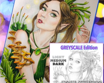 Febrero, ninfa cuerno de ciervo, página para colorear, ESCALA DE GRISES, sombreado, retrato de hadas, imprimible, PDF, colorear, escala de grises, descargar, jennifer zimmermann