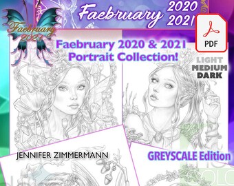 Febrero, Colección de hadas 2020 y 2021, ESCALA DE GRISES, sombreado, paquete, retratos, 4 páginas para colorear, 3 oscuridad, digital,PDF,jennifer zimmermann
