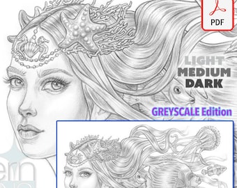 Dibujo para colorear sirena, sirenas, Amatheia, retrato, página única, tema océano, escala de grises, sirena del mar, imprimible, jennifer zimmermann