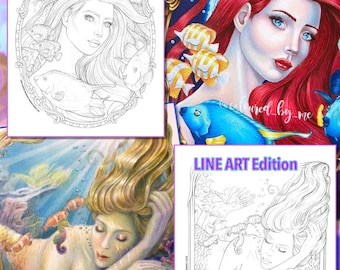 MermayMadness2020, sirenas, paquete, venus, retrato, bella durmiente, arte lineal, página para colorear, imprimible,PDF, descargar, jennifer zimmermann