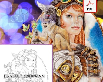 Aviatrix, steampunk, line art, página para colorear, retrato, mujer hermosa, mono, descarga digital, aviador, vintage, PDF, zimmermann
