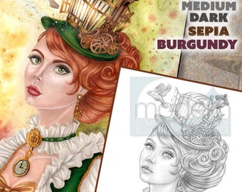 Steampunk Halloween, Lady Arlington, escala de grises, página para colorear para adultos, retrato, jaula de pájaros, victoriano, sepia, burdeos, jennifer zimmermann