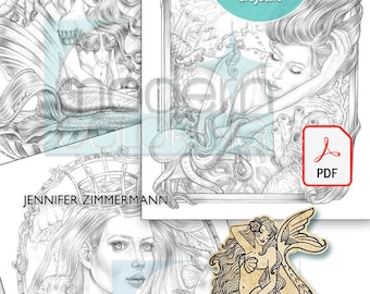 Mermay Madness, sirenas, paquete, venus, retrato, bella durmiente, escala de grises, escala de grises, página para colorear, imprimible,PDF, jennifer zimmermann