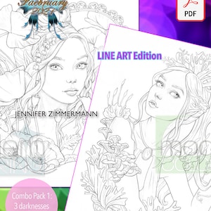 Può includere: Pagina da colorare con arte di linea con due donne con corone floreali e dettagli intricati. Il testo "LINE ART Edition" è visibile nella parte superiore della pagina. Il testo "Combo Pack 1: 3 darknesses of Line Art" è visibile nella parte inferiore della pagina.