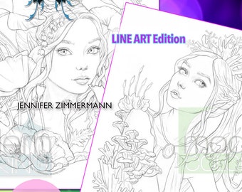 Febrero, 2021, LINE ART, paquete, amapola fae, ninfa cuerno de ciervo, hada, 2 páginas para colorear, imprimible, PDF, coloración moderna, jennifer zimmermann