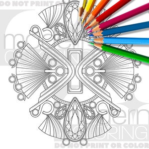 May include: A black and white line art coloring page featuring a geometric design with a central diamond shape surrounded by smaller diamonds and intricate patterns. The design is reminiscent of Art Deco style.