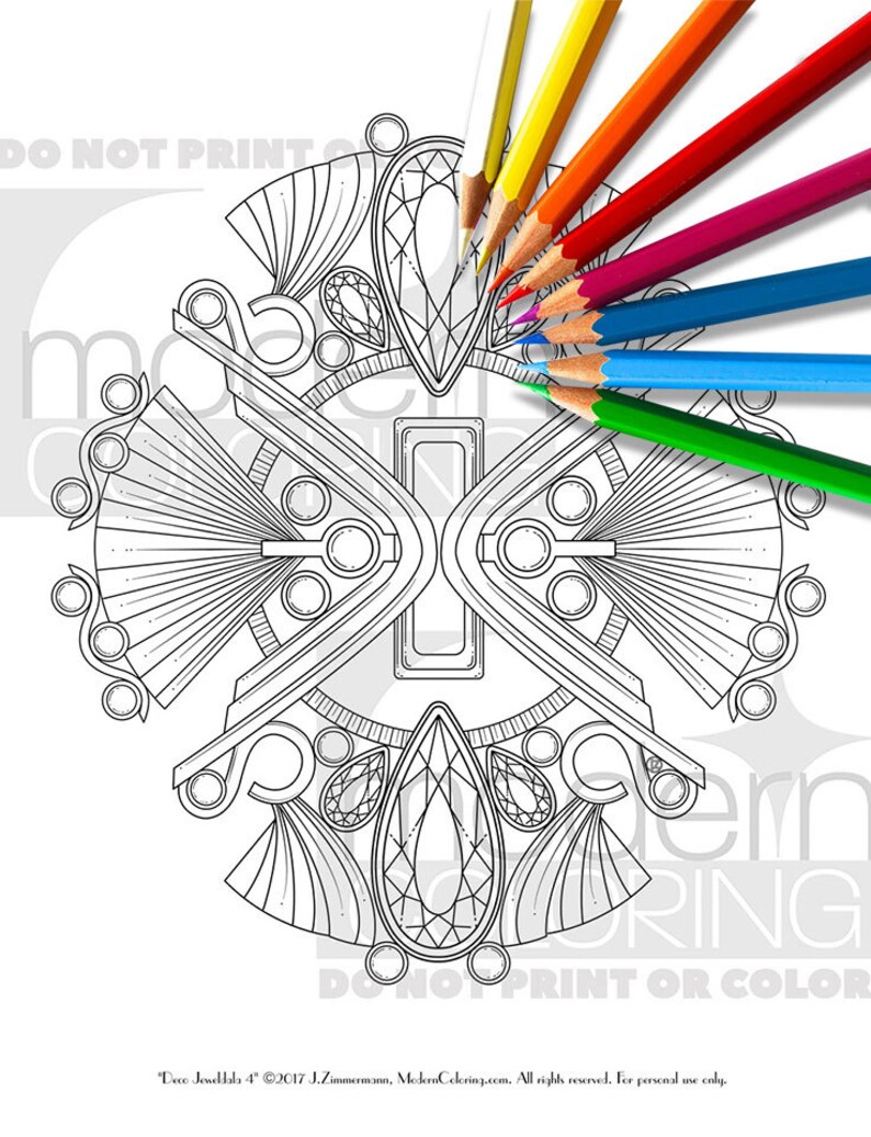 May include: A black and white line art coloring page featuring a geometric design with a central diamond shape surrounded by smaller diamonds and intricate patterns. The design is reminiscent of Art Deco style.