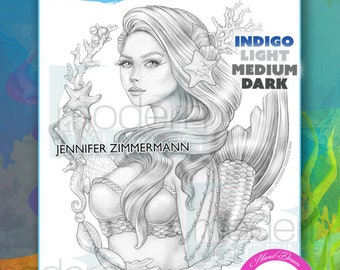 Merfest2023, Mermay, Sirena, página para colorear para adultos en escala de grises, retrato, Shellie, 4 variaciones, índigo, gris, jennifer zimmermann,PDF,descargar