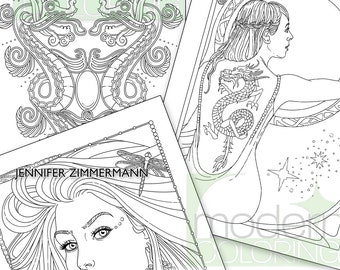 Dragon Pack, 3 adult coloring pages from Bella Futura & Glamourista, Dragonfly Diva, Dragon Lady, Dragon Pendant, Jennifer Zimmermann, PDF