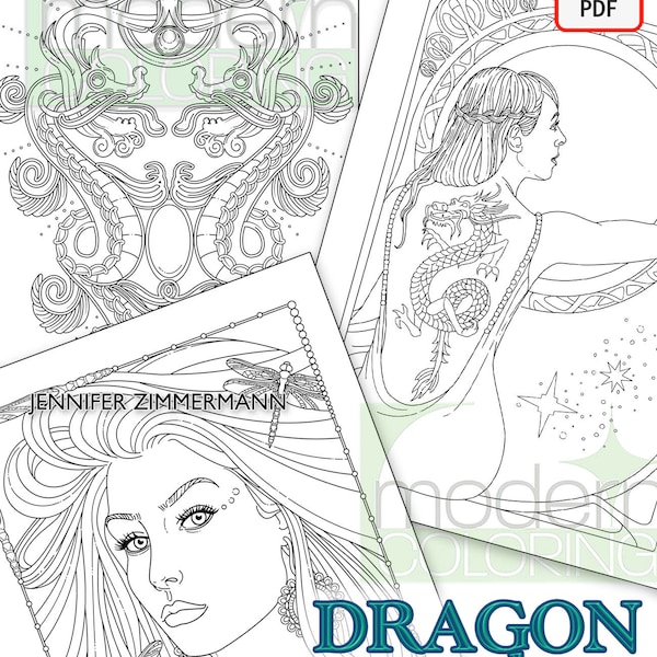 Dragon Pack, 3 adult coloring pages from Bella Futura & Glamourista, Dragonfly Diva, Dragon Lady, Dragon Pendant, Jennifer Zimmermann, PDF
