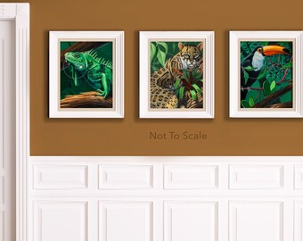 Part I of Series,Rainforest animals,giclée print,8x10 inch,jungle theme,animal lovers,iguana,ocelot,toucan, kids room,by Jennifer Zimmermann