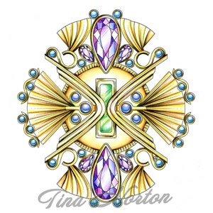 May include: A gold and purple jeweled pendant with a green stone in the center. The pendant is surrounded by a decorative design of gold and blue beads.