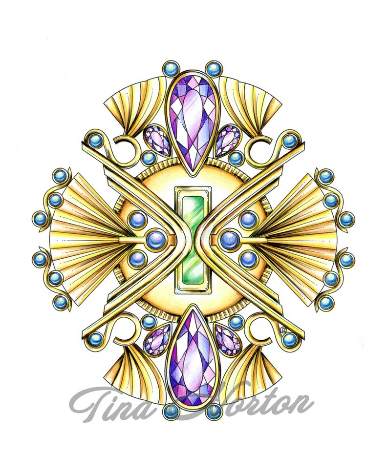 May include: A gold and purple jeweled pendant with a green stone in the center. The pendant is surrounded by a decorative design of gold and blue beads.