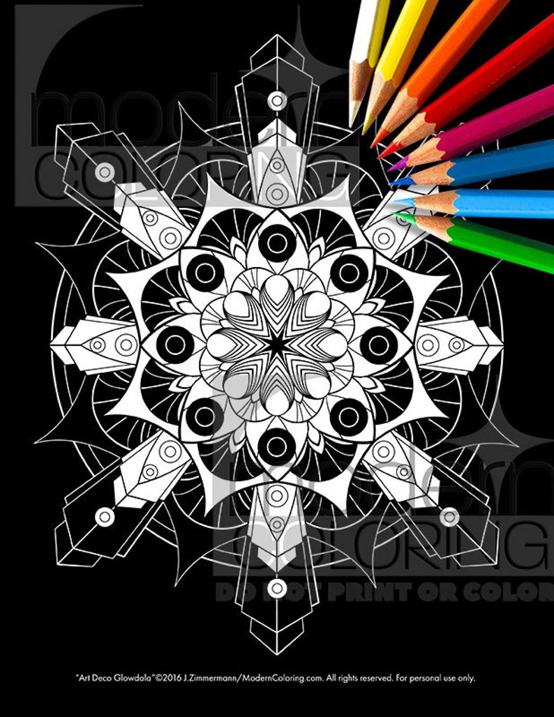 Art Deco Glowdala Digital Download Coloring Page, Adult Coloring, Relaxing, Art Deco, Modern, 1920's, Midnight, Instant, Printable image 1
