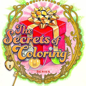 Może przedstawiać: Czerwone pudełko prezentowe z złotą kokardą i wstążką, otoczone ozdobami i ostrokrzewem. Tekst "The Secrets of Coloring" jest w stylizowanym kroju pisma. Tekst "Special Holiday Edition Tutorial PDF" znajduje się pod obrazkiem.