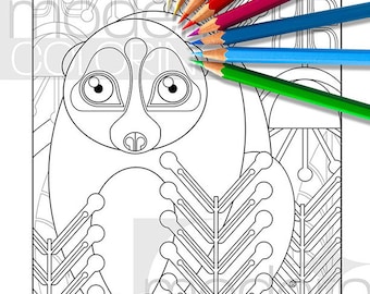 May include: A black and white line art colouring page of a slow loris sitting in a jungle setting. The loris has large eyes and a small nose. The jungle setting is made up of leaves and flowers. The text "Help Save the Slow Loris" is at the bottom of the page.
