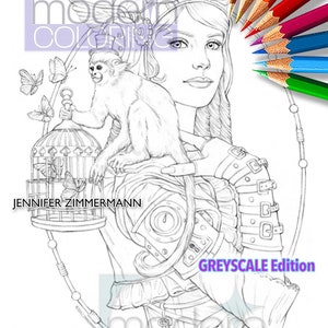 May include: A black and white line drawing of a woman with goggles and a monkey on her shoulder. The woman is wearing a steampunk-style outfit with gears and straps. The monkey is holding a birdcage with a butterfly inside. The text "GREYSCALE Edition" is at the bottom of the image.