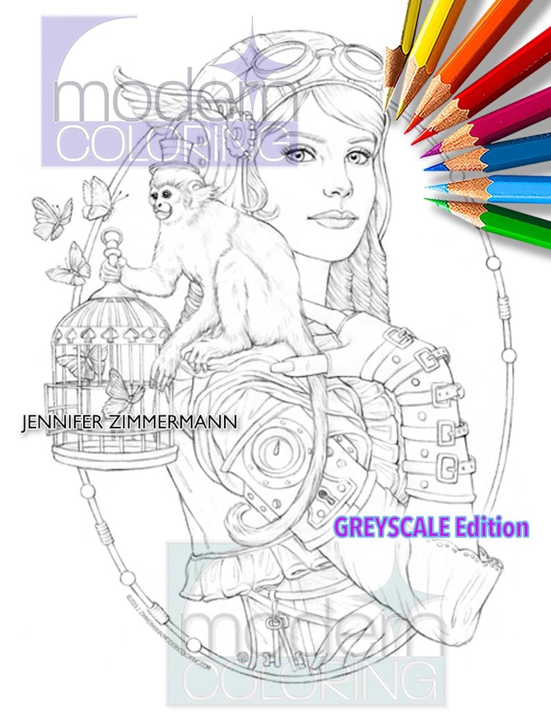 May include: A black and white line drawing of a woman with goggles and a monkey on her shoulder. The woman is wearing a steampunk-style outfit with gears and straps. The monkey is holding a birdcage with a butterfly inside. The text "GREYSCALE Edition" is at the bottom of the image.