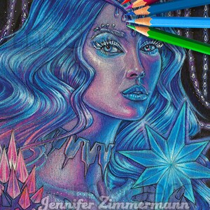 May include: A blue and purple illustration of a woman with a crown and a star. The woman has long blue hair and is holding a blue star. The background is black with silver chains and a cloud.