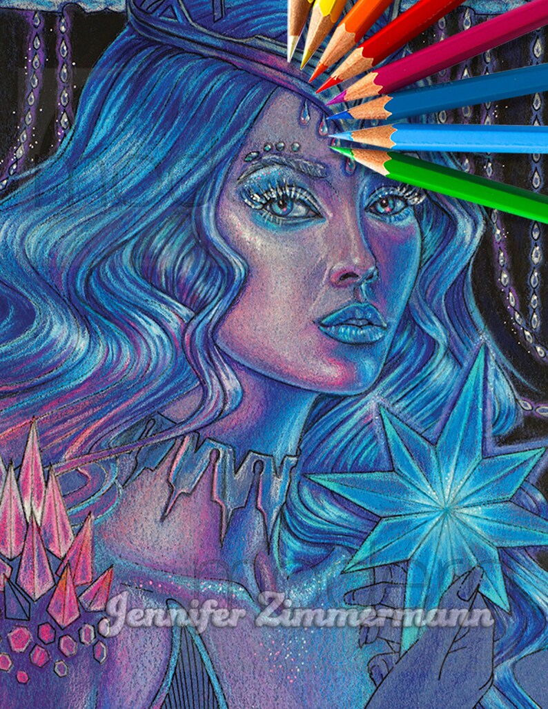 May include: A blue and purple illustration of a woman with a crown and a star. The woman has long blue hair and is holding a blue star. The background is black with silver chains and a cloud.