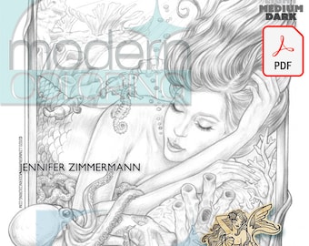 Mermay, sirena, página única, escena submarina, belleza del mar durmiente, escala de grises, escala de grises, página para colorear, imprimible,PDF, jennifer zimmermann