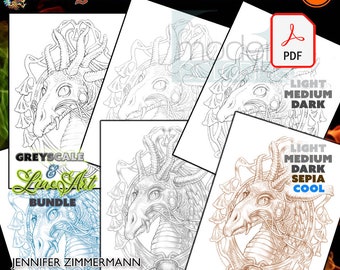 Bundle, 8 versions, Smaugfest, Smaugust, dragon's breath,grayscale,line art,coloring page,sepia, cool,art nouveau, PDF, jennifer zimmermann