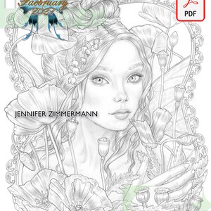 K&ouml;nnte beinhalten: Eine Schwarzwei&szlig;-Zeichnung einer Frau mit langen Haaren, die eine Blumenkrone tr&auml;gt und von Mohnblumen umgeben ist. Der Text "February 2021" und "JENNIFER ZIMMERMANN" ist auf dem Bild zu sehen.