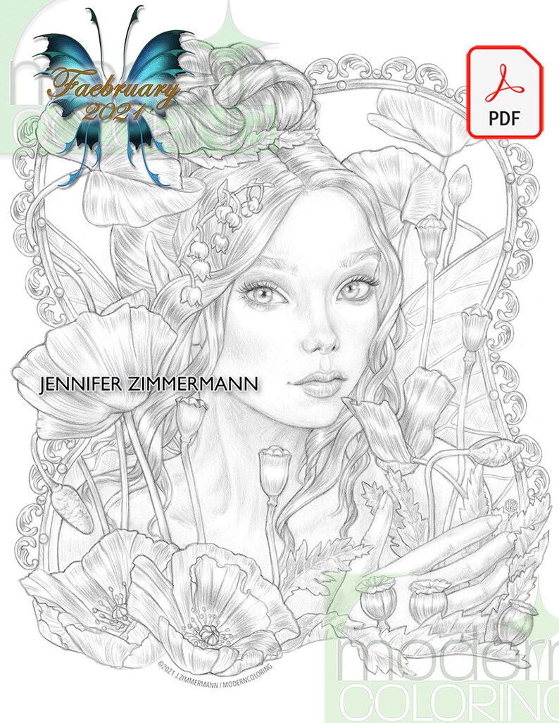 K&ouml;nnte beinhalten: Eine Schwarzwei&szlig;-Zeichnung einer Frau mit langen Haaren, die eine Blumenkrone tr&auml;gt und von Mohnblumen umgeben ist. Der Text "February 2021" und "JENNIFER ZIMMERMANN" ist auf dem Bild zu sehen.