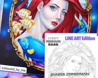 MermayMadness2020, sirenas, venus, retrato, arte lineal, página para colorear, página de práctica de tono de piel, imprimible, PDF, descargar, jennifer zimmermann