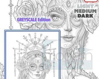 La Catrina, coloring page, Halloween, sugar skull, Mexico, day of the dead, portrait, single page, greyscale, printable, jennifer zimmermann