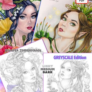 K&ouml;nnte beinhalten: Eine Graustufen-Malvorlage mit einer detaillierten Illustration einer Fee mit Blumen und Pilzen. Der Text "LIGHT MEDIUM DARK" und "GREYSCALE Edition" ist sichtbar. Der Name des K&uuml;nstlers "JENNIFER ZIMMERMANN" ist ebenfalls sichtbar.