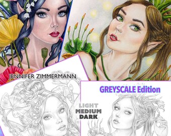 Febrero, páginas para colorear, paquete digital, 2021, ESCALA DE GRISES, sombreado, hada del bosque, fantasía, hada de la amapola, ninfa cuerno de ciervo, PDF, jennifer zimmermann