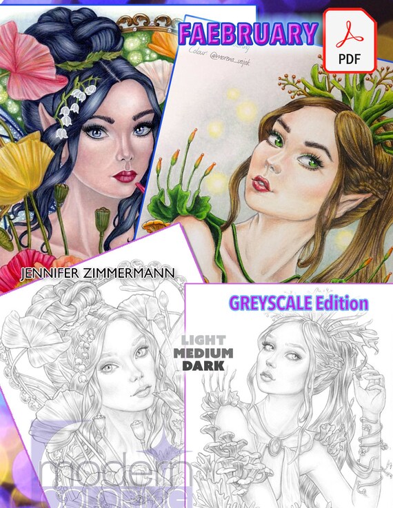 Faebruary, coloring pages, digital bundle, 2021, GREYSCALE, shaded, woodland fairy,fantasy, poppy fae,staghorn nymph,PDF,jennifer zimmermann