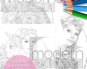 Freedom Fighters, combo pack, steampunk, grayscale, line art, coloring page, portrait, woman,monkey, digital download, PDF,zimmermann
