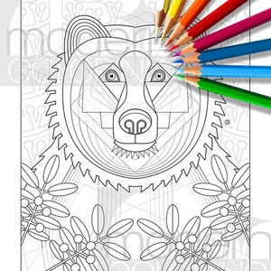 May include: A black and white line art illustration of a bear's face with geometric patterns. The bear's face is surrounded by a border of leaves and berries. The text "Bear with Me" is at the bottom of the image.