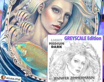 Página única, Mermay, sirenas, venus, retrato, escala de grises, escala de grises, página para colorear, imprimible,PDF, jennifer zimmermann