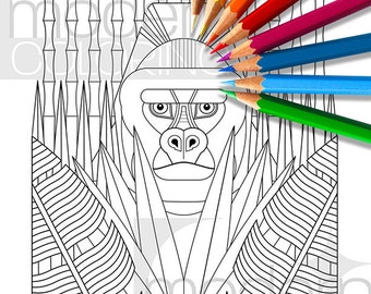 May include: A black and white line art colouring page of a gorilla's face peeking out from behind a bamboo forest. The text "In Memory of Harambe" is at the bottom of the page.