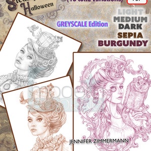 Steampunk Halloween Bundle, Lady Arlington, 15 variations, 3 images, grayscale, coloring page, sepia, burgundy, jennifer zimmermann