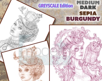 Paquete Steampunk Halloween, Lady Arlington, 15 variaciones, 3 imágenes, escala de grises, página para colorear, sepia, burdeos, jennifer zimmermann
