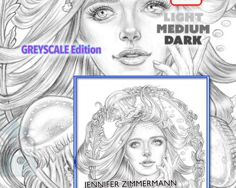 Dibujo para colorear sirena, sirenas, Thalassa, retrato, página única, tema océano, escala de grises, sirena del mar, imprimible, jennifer zimmermann