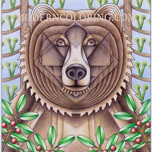 May include: Geometric illustration of a brown bear's face with green foliage and red berries on either side. The text "MODERNCOLORING.COM" is at the top of the image and "Michelle Sieben" is at the bottom.