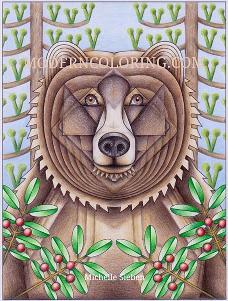 May include: Geometric illustration of a brown bear's face with green foliage and red berries on either side. The text "MODERNCOLORING.COM" is at the top of the image and "Michelle Sieben" is at the bottom.