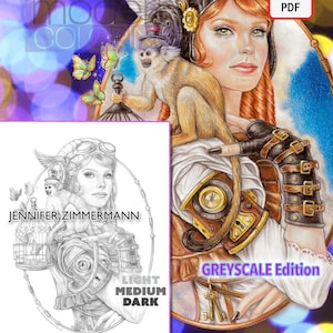 Puede incluir: Una página para colorear en escala de grises que representa a una mujer con un mono en el hombro. Lleva gafas, un sombrero y un atuendo de estilo steampunk. El texto "Jennifer Zimmerman" y "LIGHT MEDIUM DARK" es visible en la página. El texto "GREYSCALE Edition" es visible en el fondo.