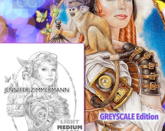 Aviatrix, steampunk, escala de grises, página para colorear en escala de grises, retrato, mujer hermosa, mono, descarga digital, sello, PDF, zimmermann