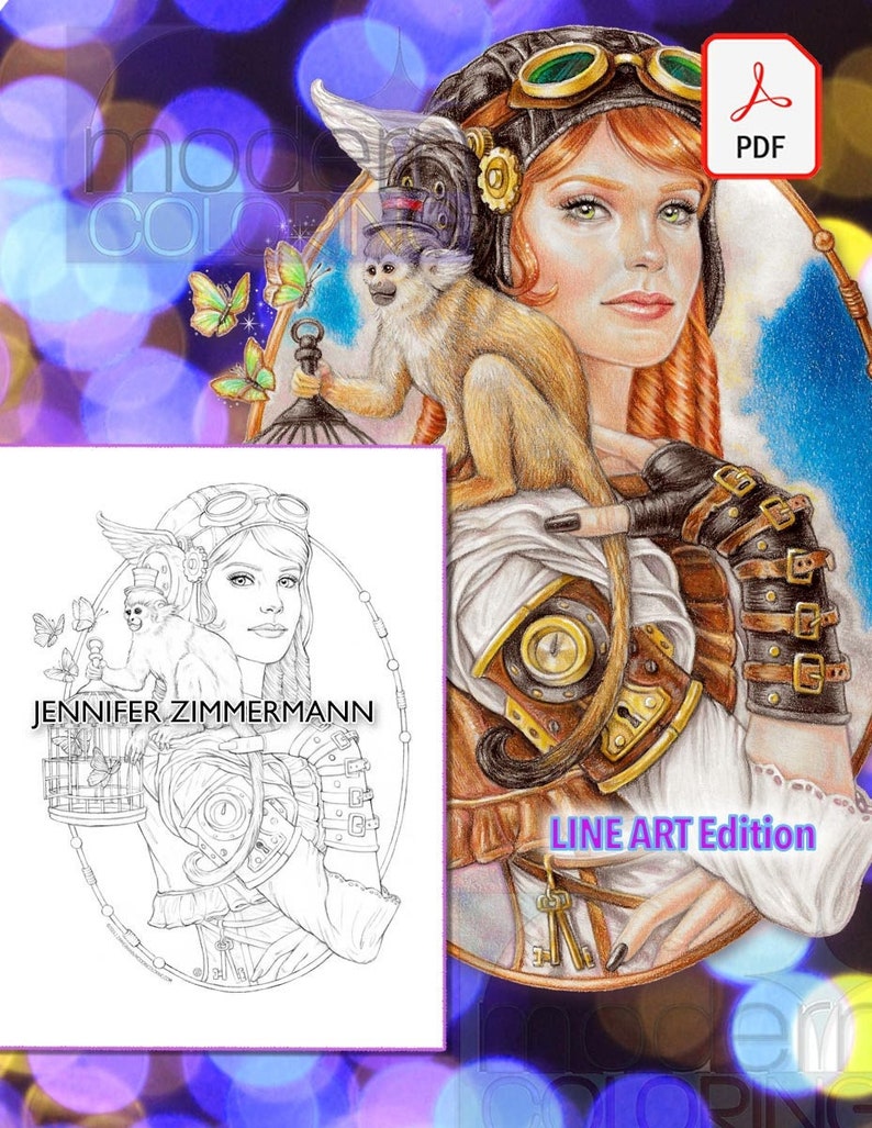 May include: A line art coloring page featuring a woman with a monkey on her shoulder. She is wearing goggles, a hat, and a steampunk-style outfit. The text "JENNIFER ZIMMERMANN" and "LINE ART EDITION" is visible on the page.